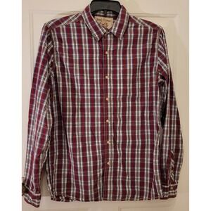 Red Camel Men Plaid Long Sleeve Button Up Shirt Large Red White Blue Cotton